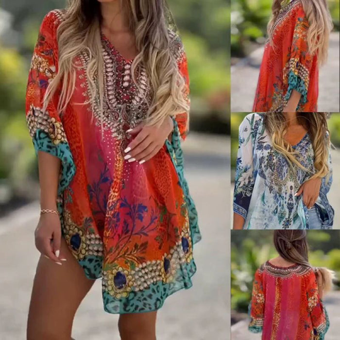 Vestido largo asimétrico con escote en pico y corte holgado
