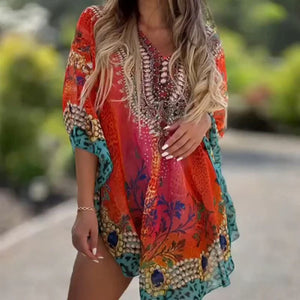 Vestido largo asimétrico con escote en pico y corte holgado