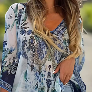 Vestido largo asimétrico con escote en pico y corte holgado