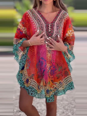 Vestido largo asimétrico con escote en pico y corte holgado