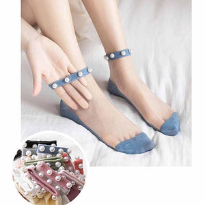 Calcetines transparentes con perlas (3 Pares）