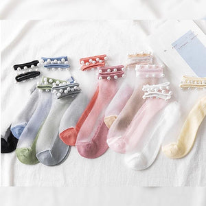 Calcetines transparentes con perlas (3 Pares）