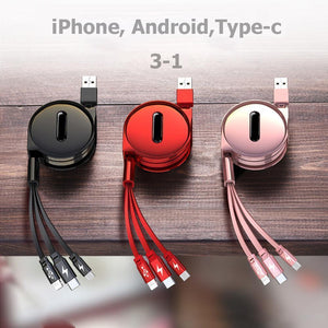 Cable USB Múltiple, Cable de Carga Retráctil 3 en 1, Micro Type C para iPhone y Android