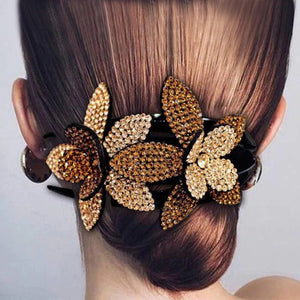 Pinza de pelo de doble flor de diamantes de imitación
