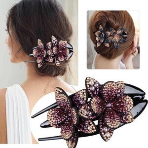 Pinza de pelo de doble flor de diamantes de imitación