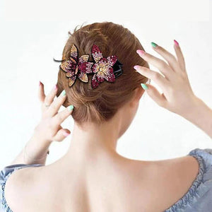 Pinza de pelo de doble flor de diamantes de imitación